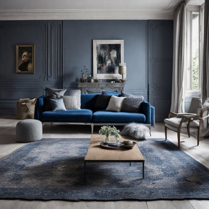 Harmoniser un salon bleu nuit et gris